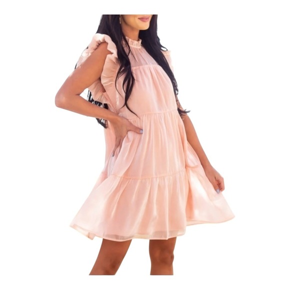 Entro Pink Ruffle Sleeve Tiered Mini Dress High Neck Party Women Size Medium NWT - Picture 2 of 14